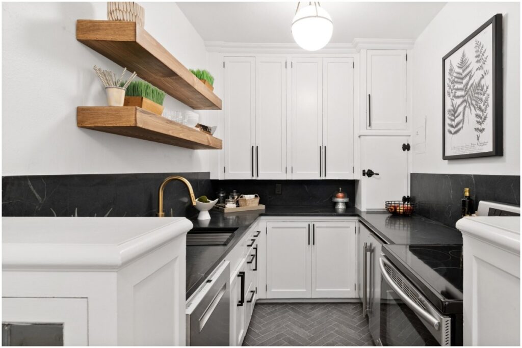 Contrasting colors, like white cabinets and black countertops, can give a kitchen an ultra modern look