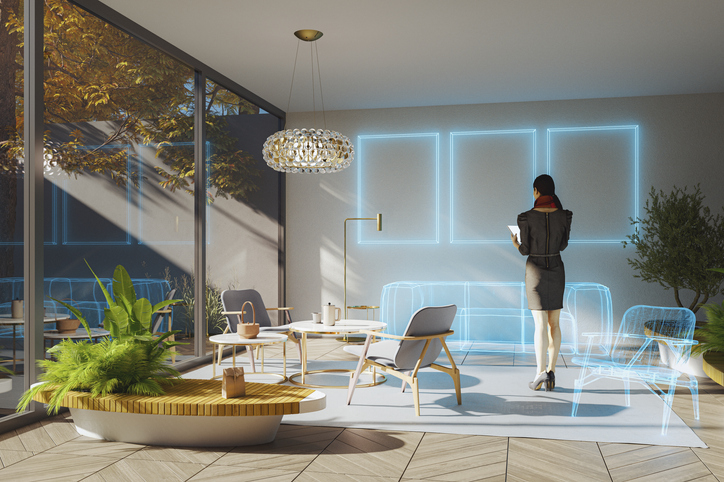 woman using 3D rendering to plan her commercial building refresh on a budget