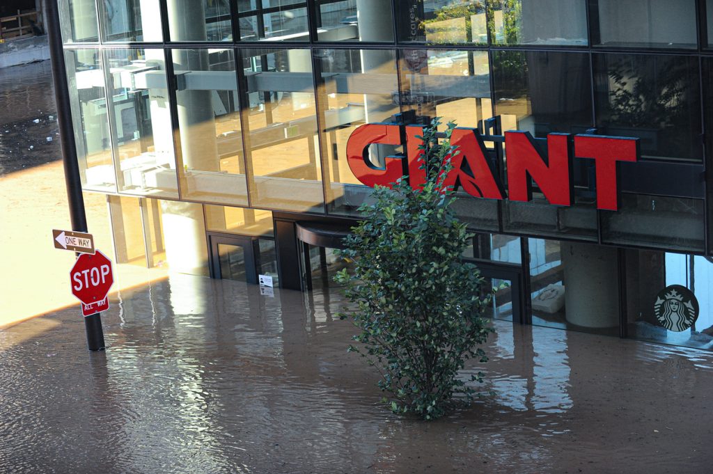 Several feet of Schuylkill River overflow water surrounding River Walk residential complex and Giant supermarket.