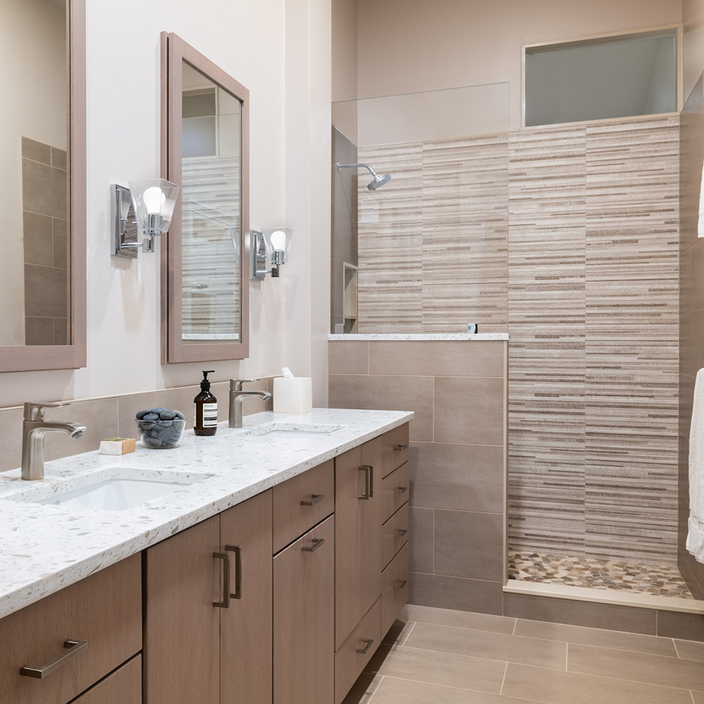 remodeled bathroom with beige tile