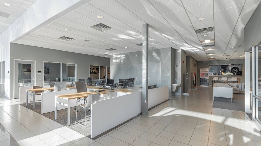 Offices in modern showroom ripe for EV dealership design